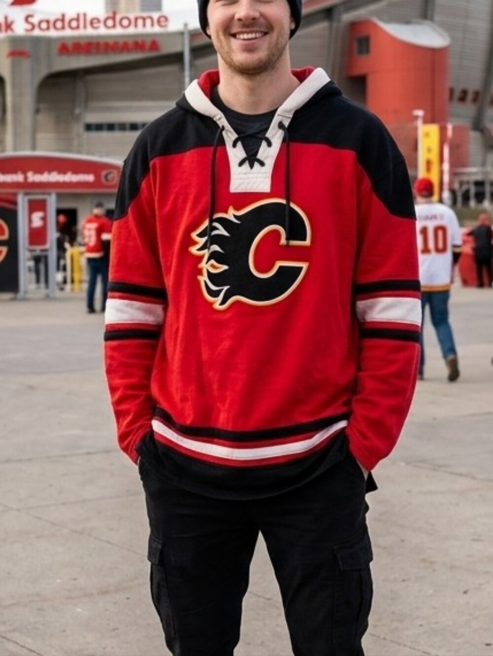 NHL Calgary Flames Lace-Up Hockey Hoodie Men's XL Red Black Pullover Sweatshirt